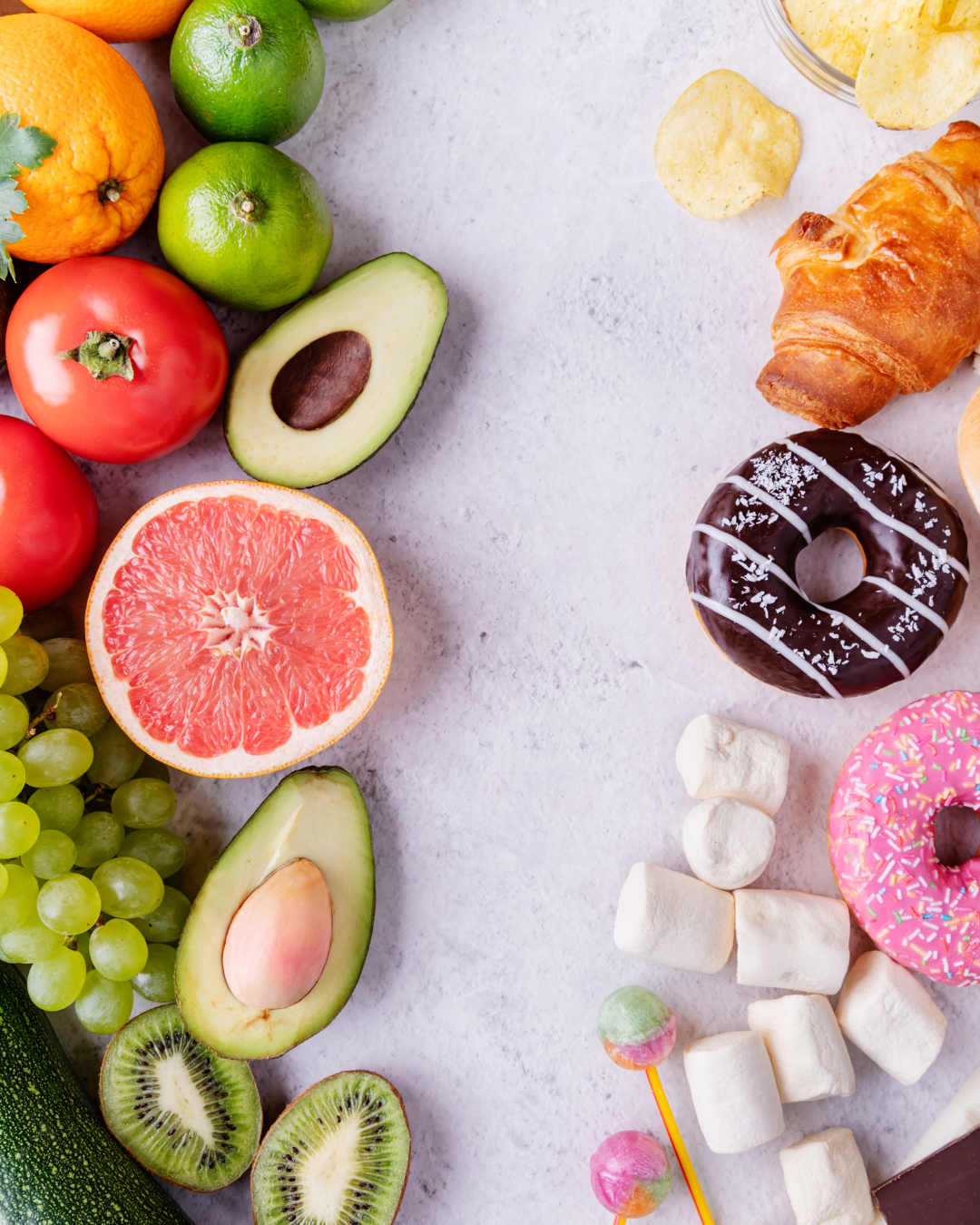 A visual comparison of healthy foods like avocado, citrus fruits, and grapes, alongside junk foods like donuts and marshmallows, emphasizing the importance of nutrient-dense choices for muscle building and fat loss over 40. Image by Jeff Later – founder of L8R Lifestyle.