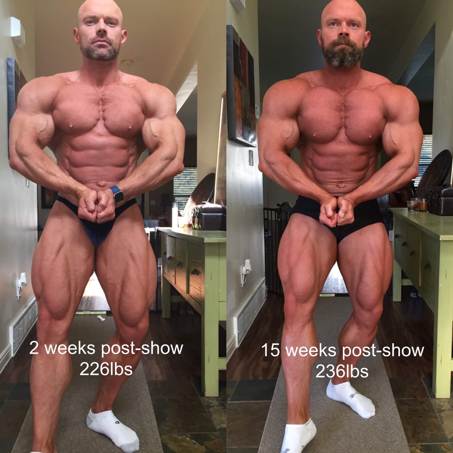 Post-show bodybuilding progress comparing 2 weeks at 226 lbs vs 15 weeks at 236 lbs, highlighting body recomposition and muscle gain
