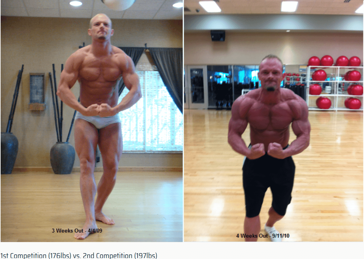 Bodybuilding transformation from 176 lbs to 197 lbs, showing muscle gain and body recomposition.