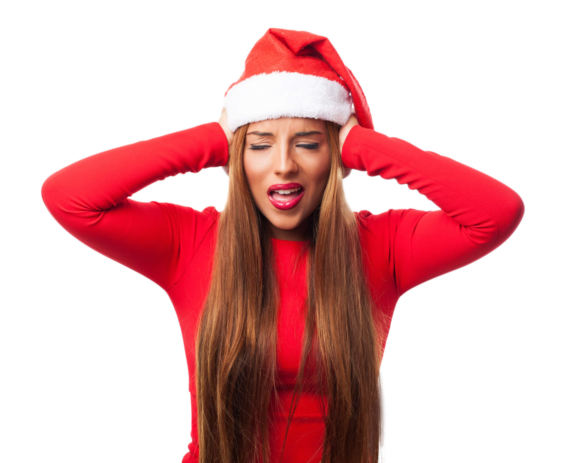 Stressed woman in red Santa hat covering ears during holidays, symbolizing food pressure and holiday stress while learning to avoid weight gain.