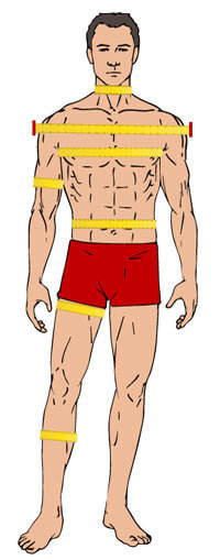 Illustration showing how to take body measurements for fitness progress, highlighting chest, waist, hips, arms, and thighs for accurate muscle growth and fat loss tracking.