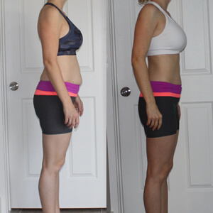 Muscle Mastery women’s body recomposition transformation – side view before and after photo showing fat loss, lean muscle gain, and toned results for women.